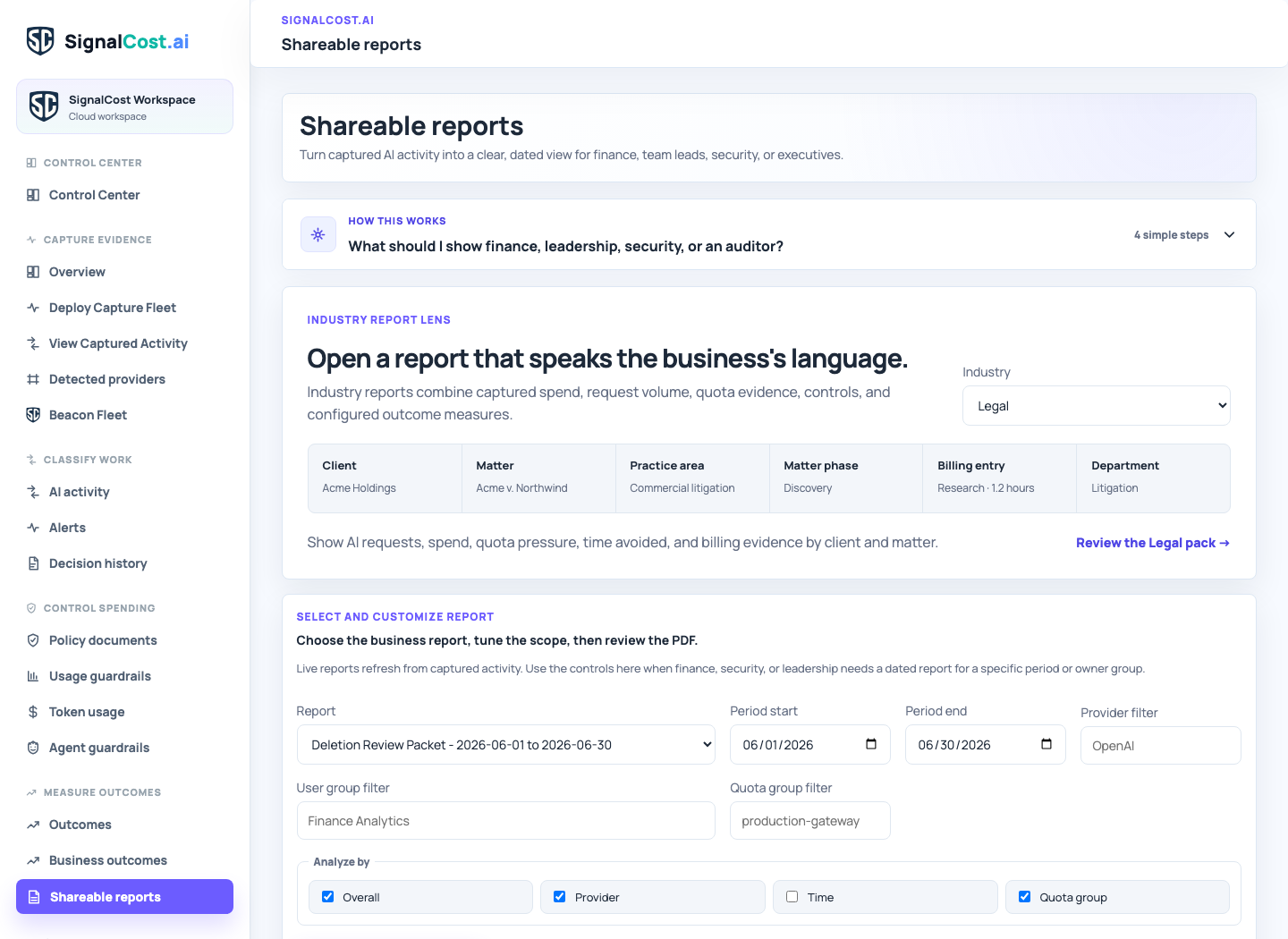 SignalCost.ai reporting dashboard
